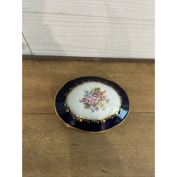Limoges Castel Oval Trinket Box in Cobalt Blue Floral with Gold Paint - Picture 2 of 10